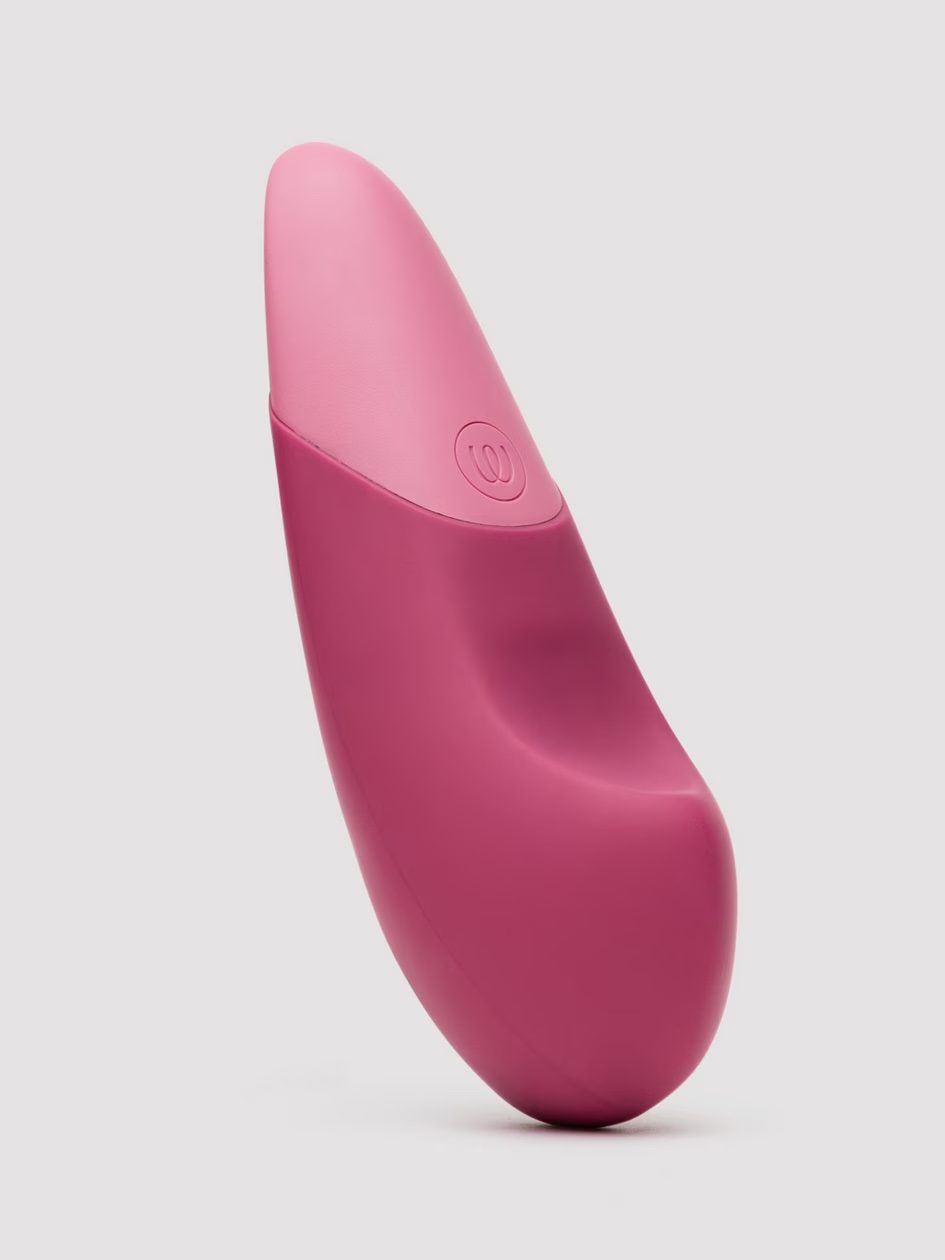 Great quality, silicone pink vibrator with curved shape and edges.